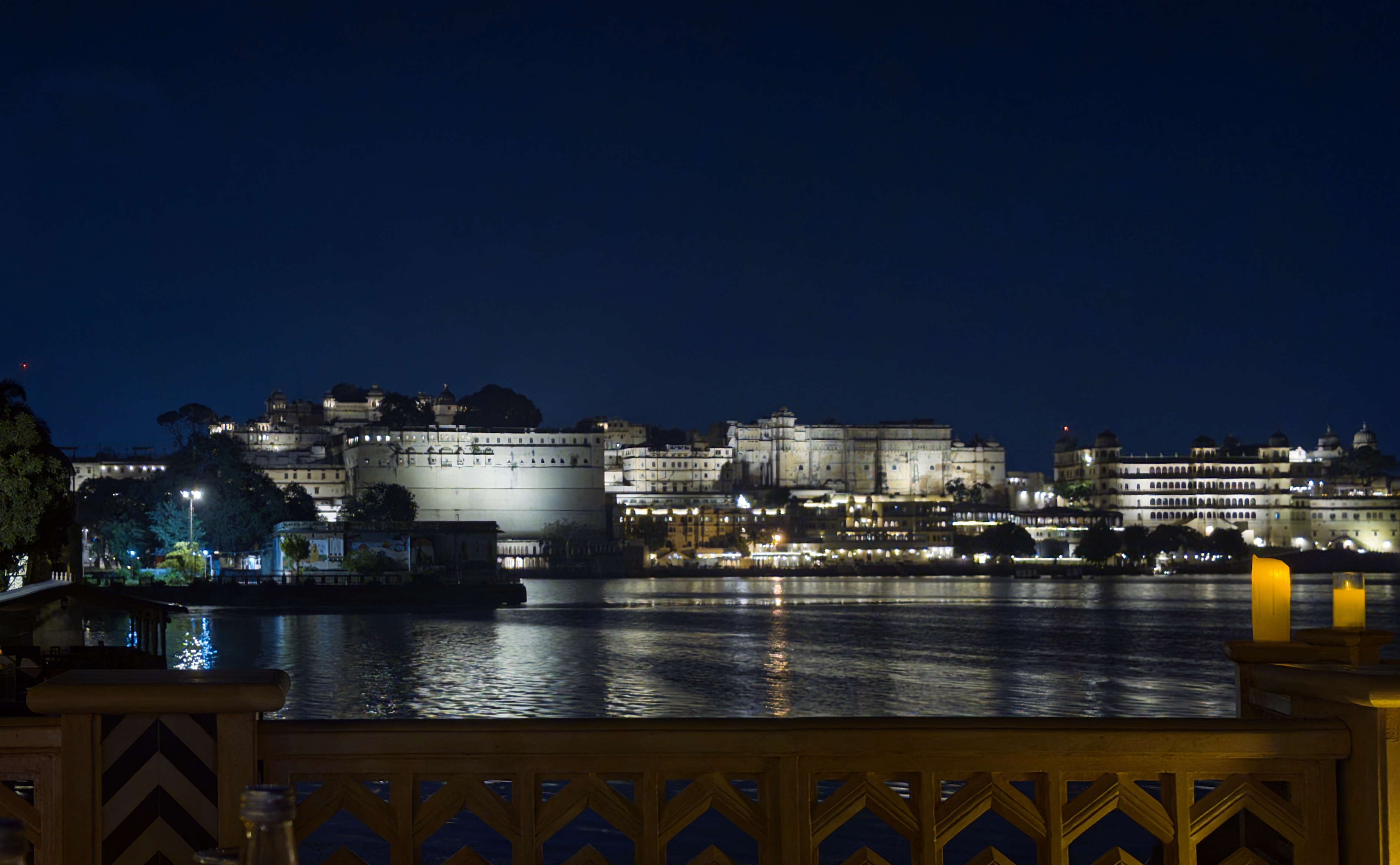 Udaipur waterfront after dark